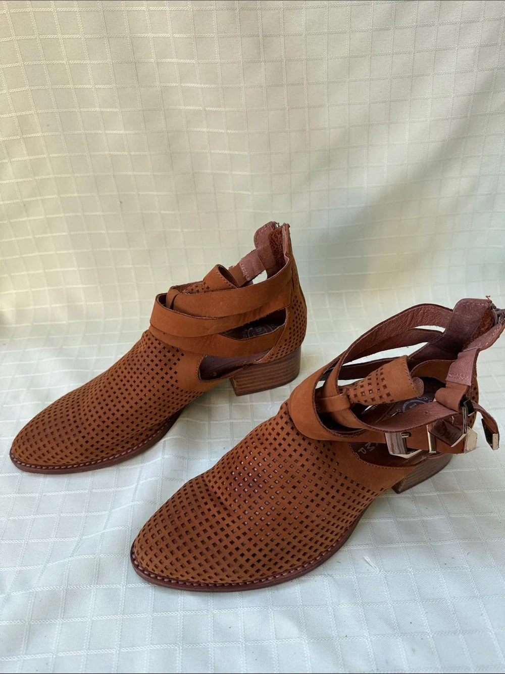 Jeffrey Campbell Orange Brown Perforated Suede Ankle Boots with Wrap Strap